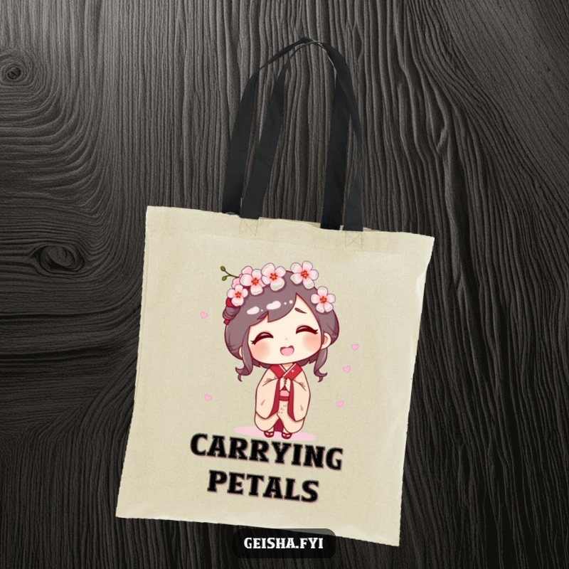 Funny tote bag featuring a geisha character giggling as a cherry blossom lands on her head, perfect for everyday joy.