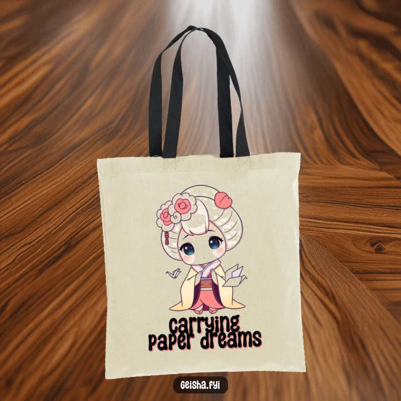 Funny geisha tote bag showcasing a geisha character in humorous surprise over a small, delightful origami crane, a stylish accessory.