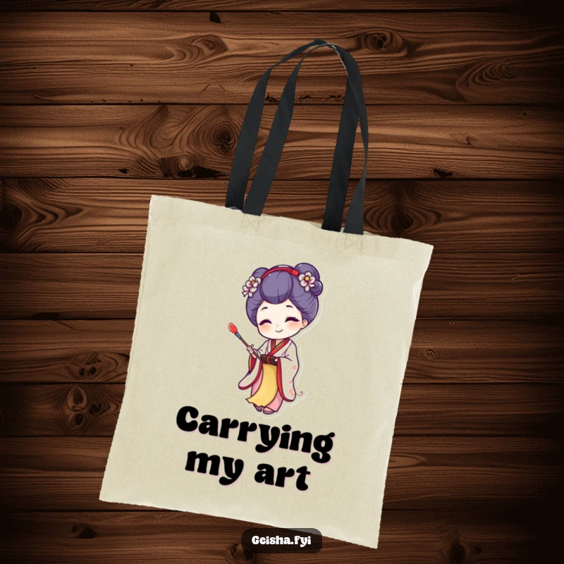 Funny tote bag with a joyful geisha character painting on a tiny scroll, a humorous and artistic accessory for art supplies.