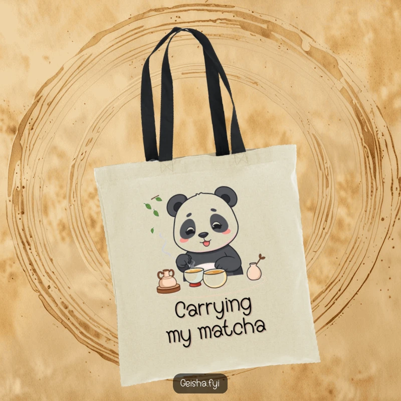 Funny tote bag with a cute panda attempting a tea ceremony, a humorous and practical accessory.