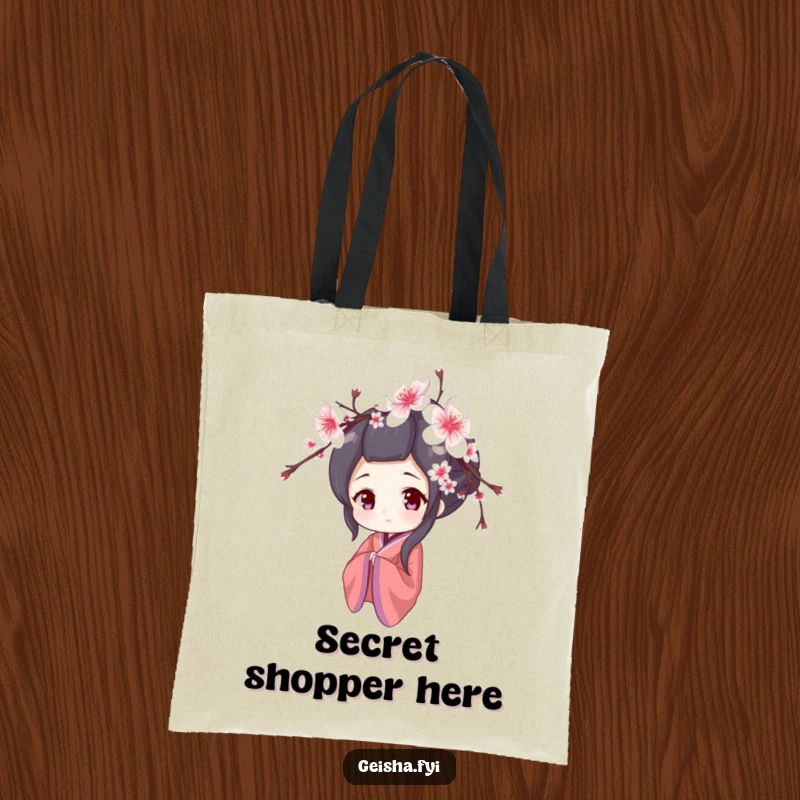 Funny tote bag with a shy geisha character peeking from behind cherry blossoms, a humorous and delicate accessory.