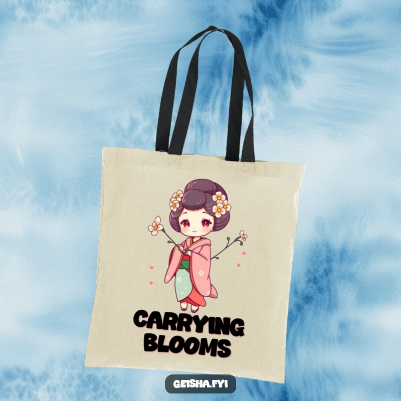 Funny geisha tote bag with a woman in a whimsical pose holding a flower, perfect for stylish and artistic everyday use.