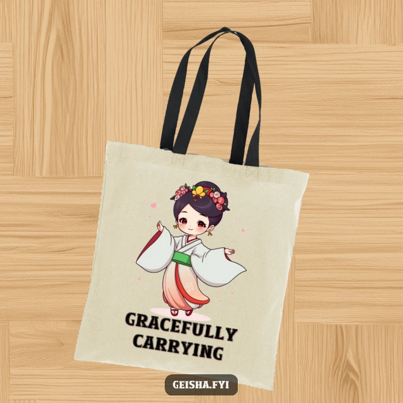 Funny Geisha Tote Bag: Joyful character dances with flowing sleeves, a spacious and humorous carry-all.
