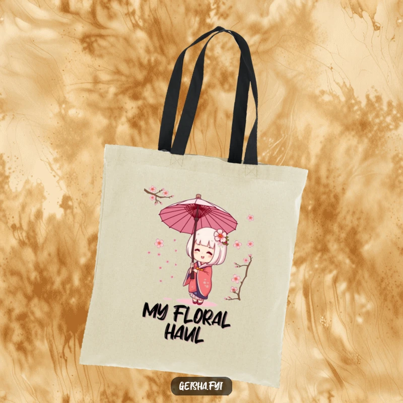 Funny geisha umbrella tote bag featuring character giggling while catching cherry blossoms. Whimsical, practical, and charming.