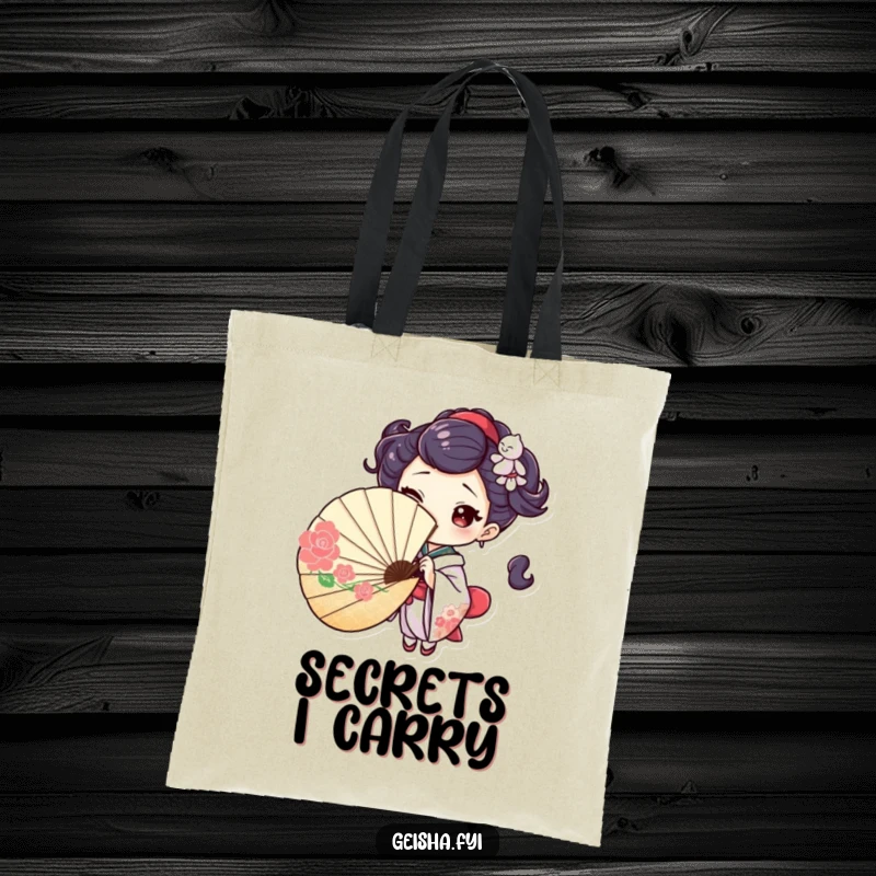 Playful tote bag illustration of a geisha character peeking coyly from behind a fan, complete with a mischievous wink, exuding playful charm.