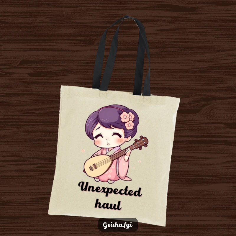 Funny Geisha Tote Bag: Surprised character plays a tiny shamisen, a spacious and humorous carry-all for music lovers.